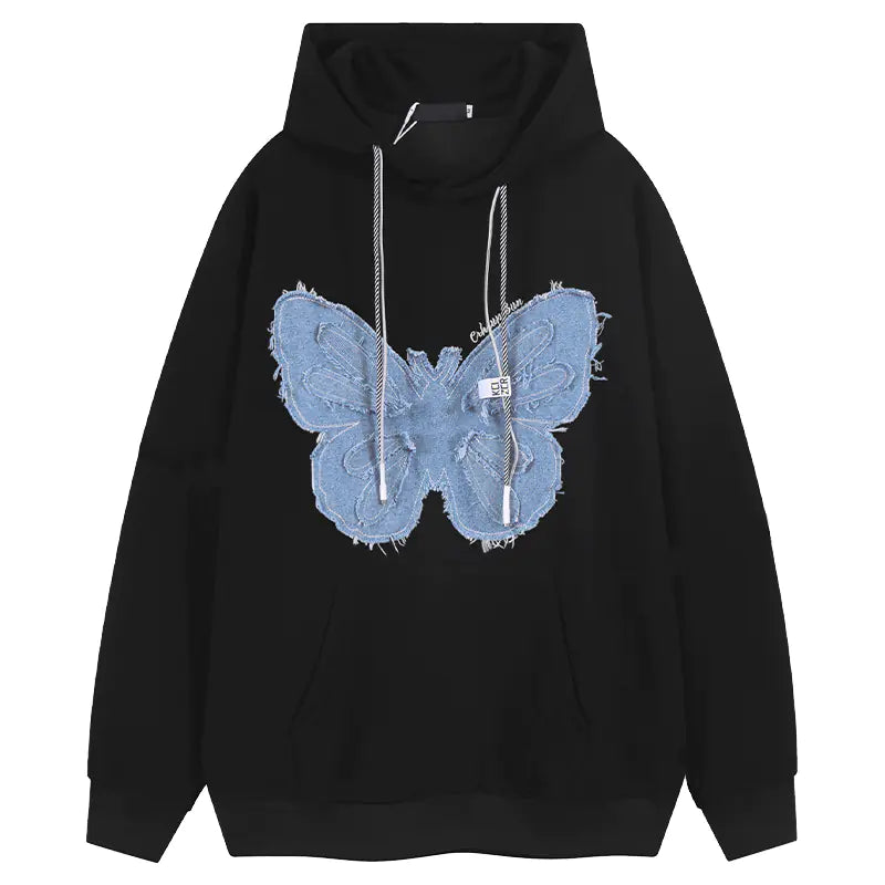 Denim Butterfly Patch Chic Hoodie
