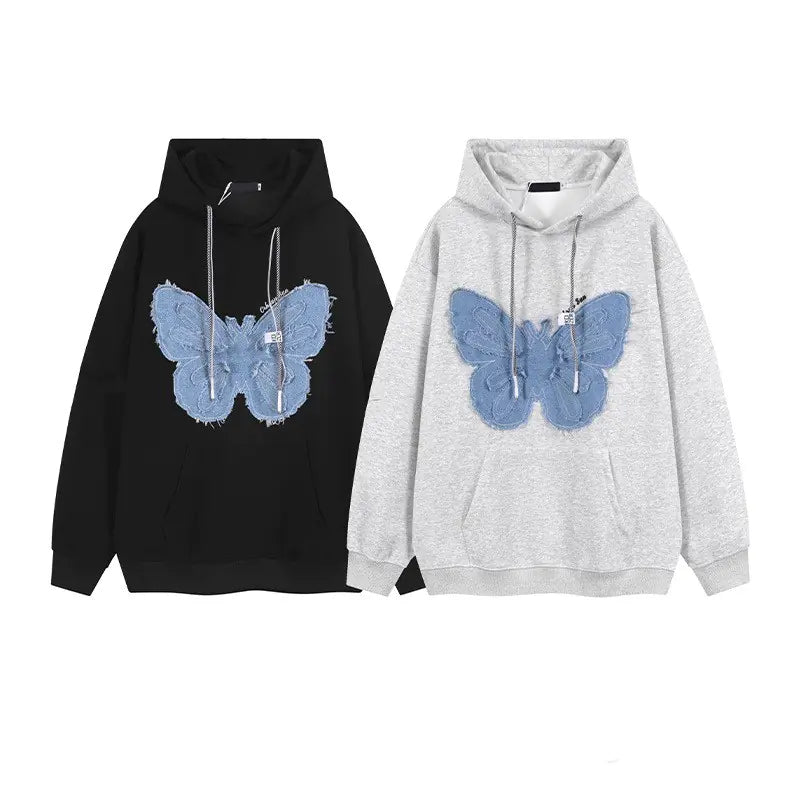 Denim Butterfly Patch Chic Hoodie