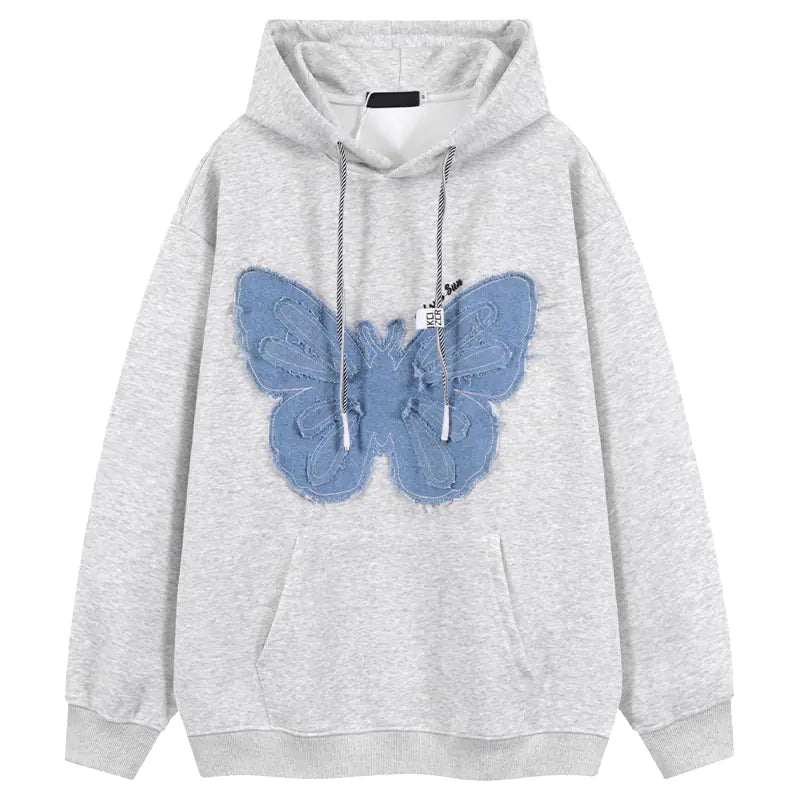 Denim Butterfly Patch Chic Hoodie